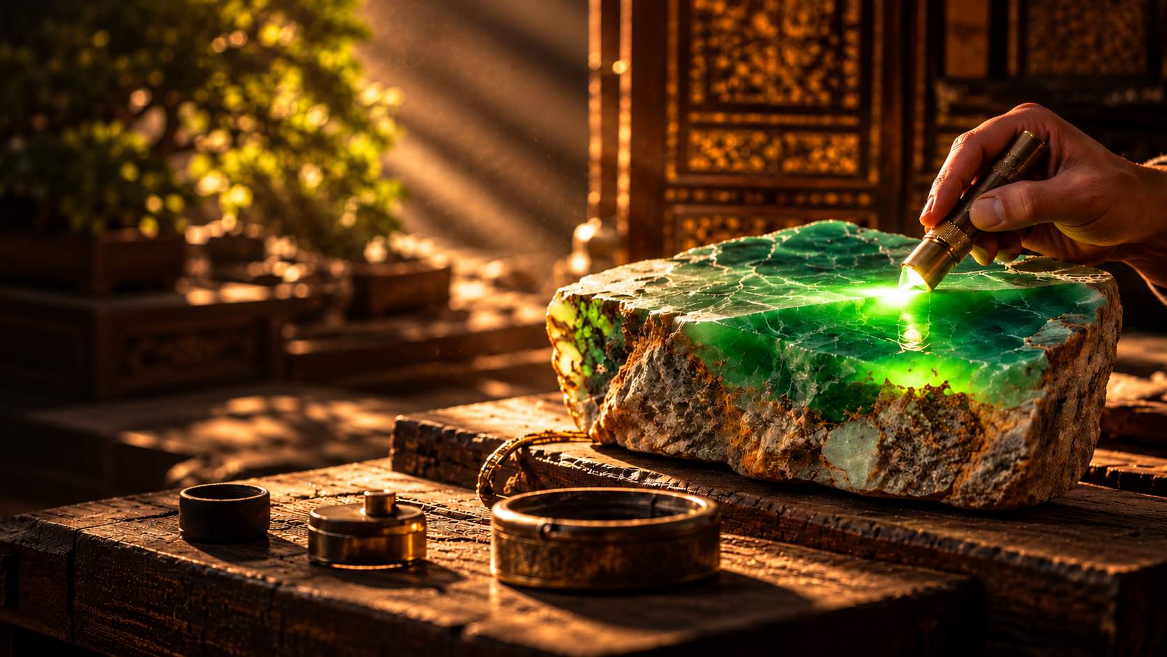 Hand examining a rough jadeite boulder with light