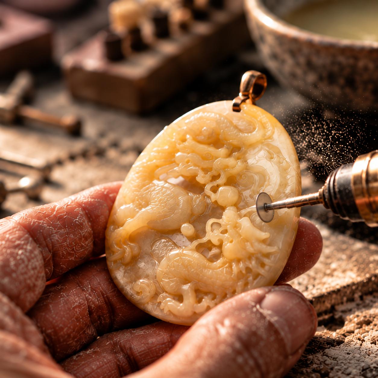 Artisan hands carving a jadeite dragon pendant