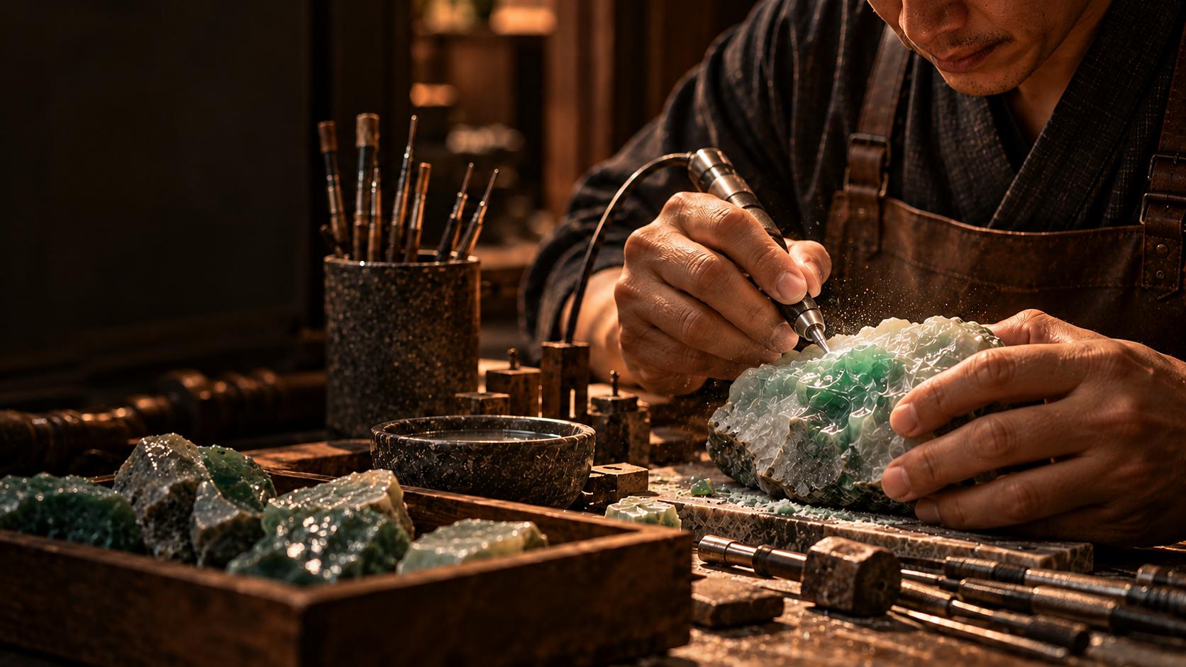 Craftsman carving a rough green jadeite boulder