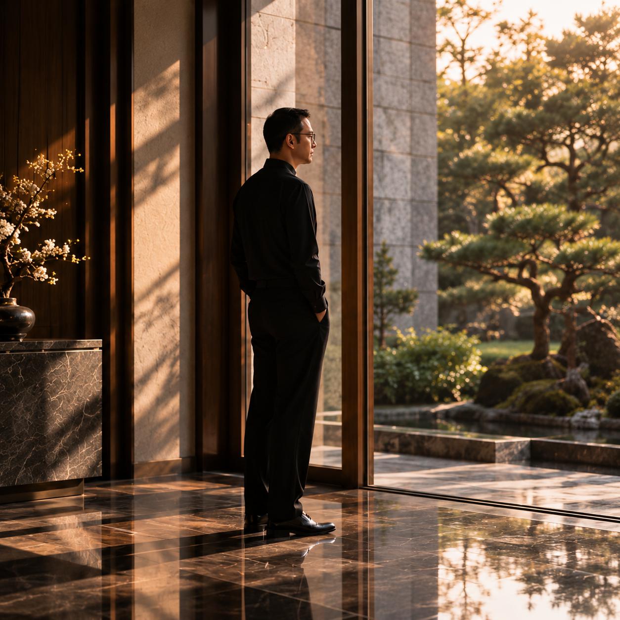 Man looking out at a private garden