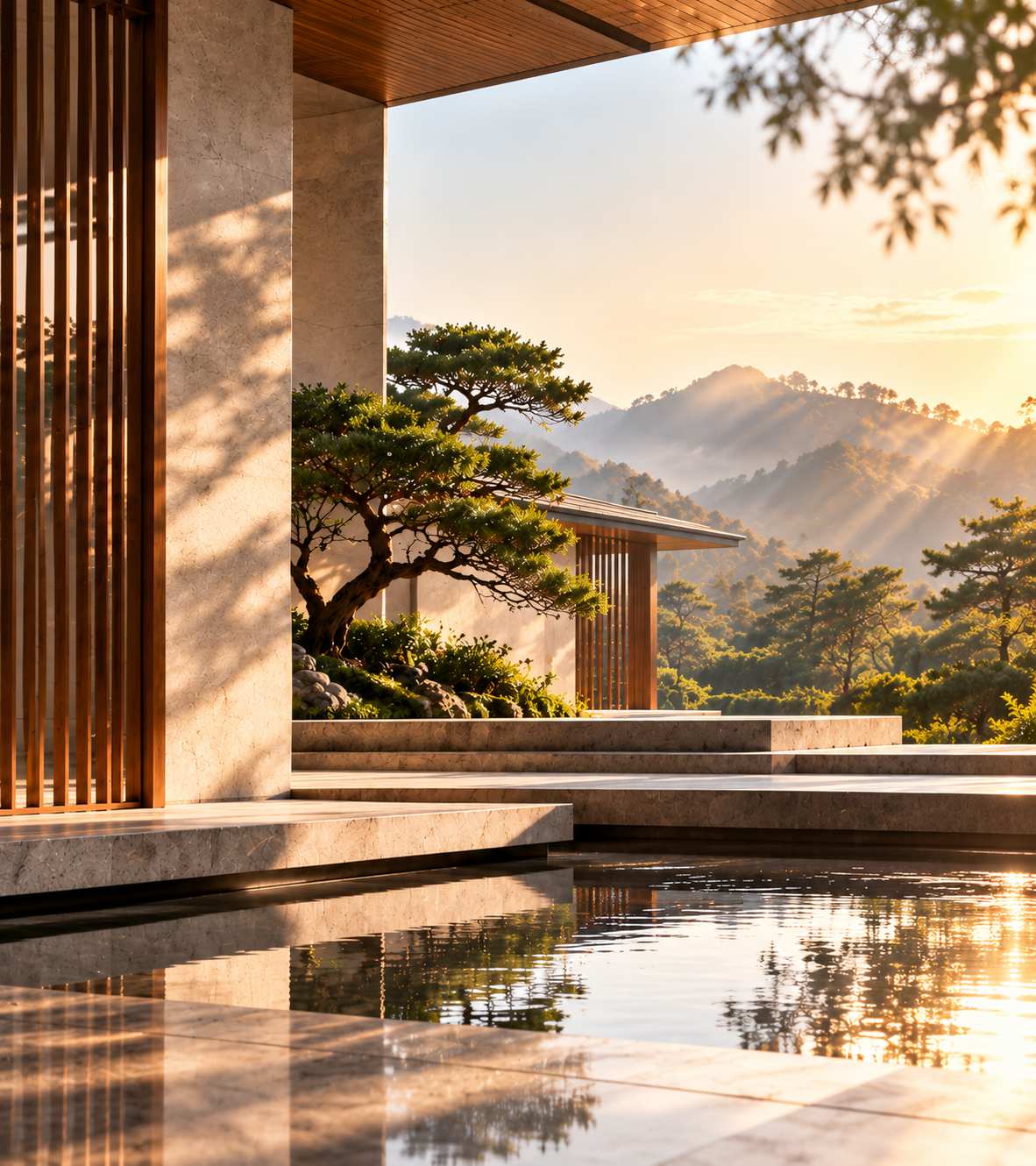 Modern pavilion overlooking misty mountains at sunrise