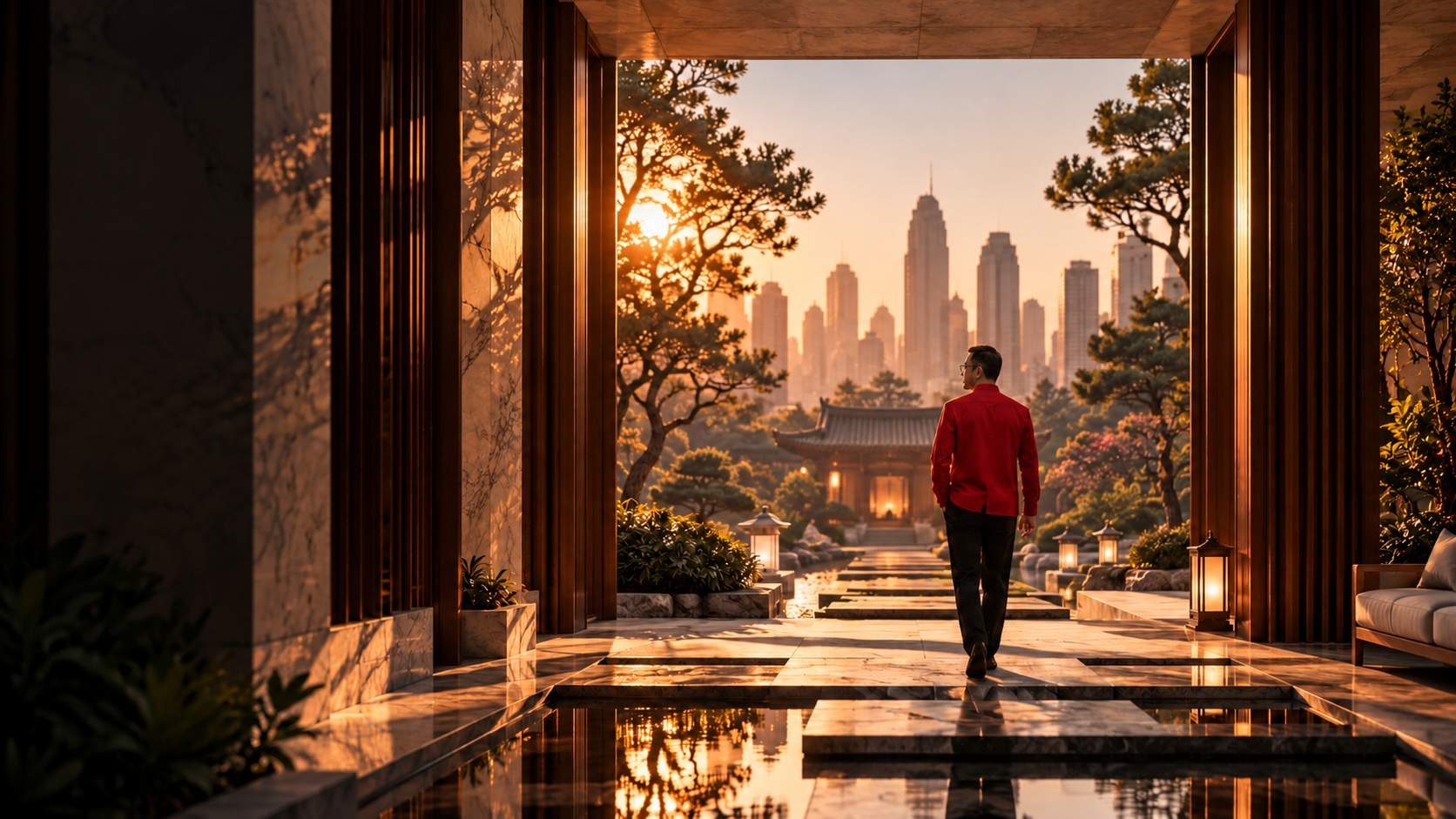 Walking toward the city at dusk
