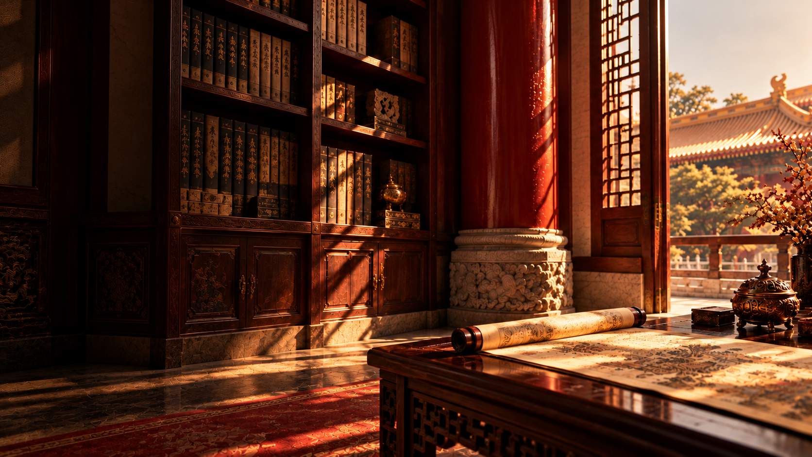 Imperial library interior at dusk