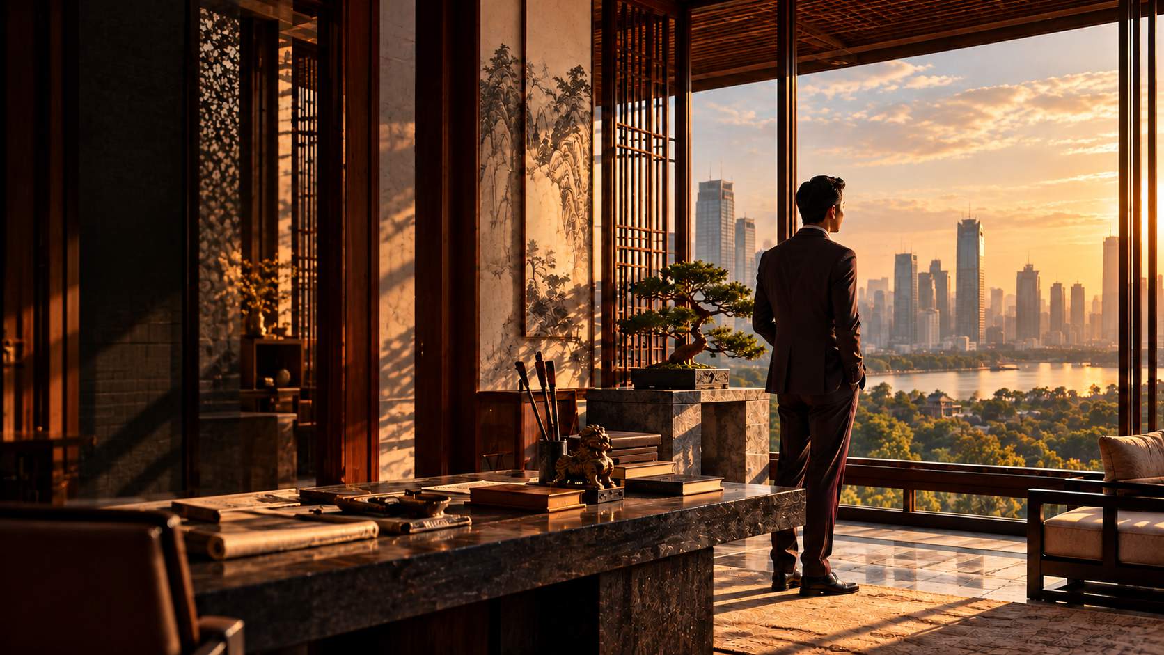 Man looking out over a city skyline from a traditional study