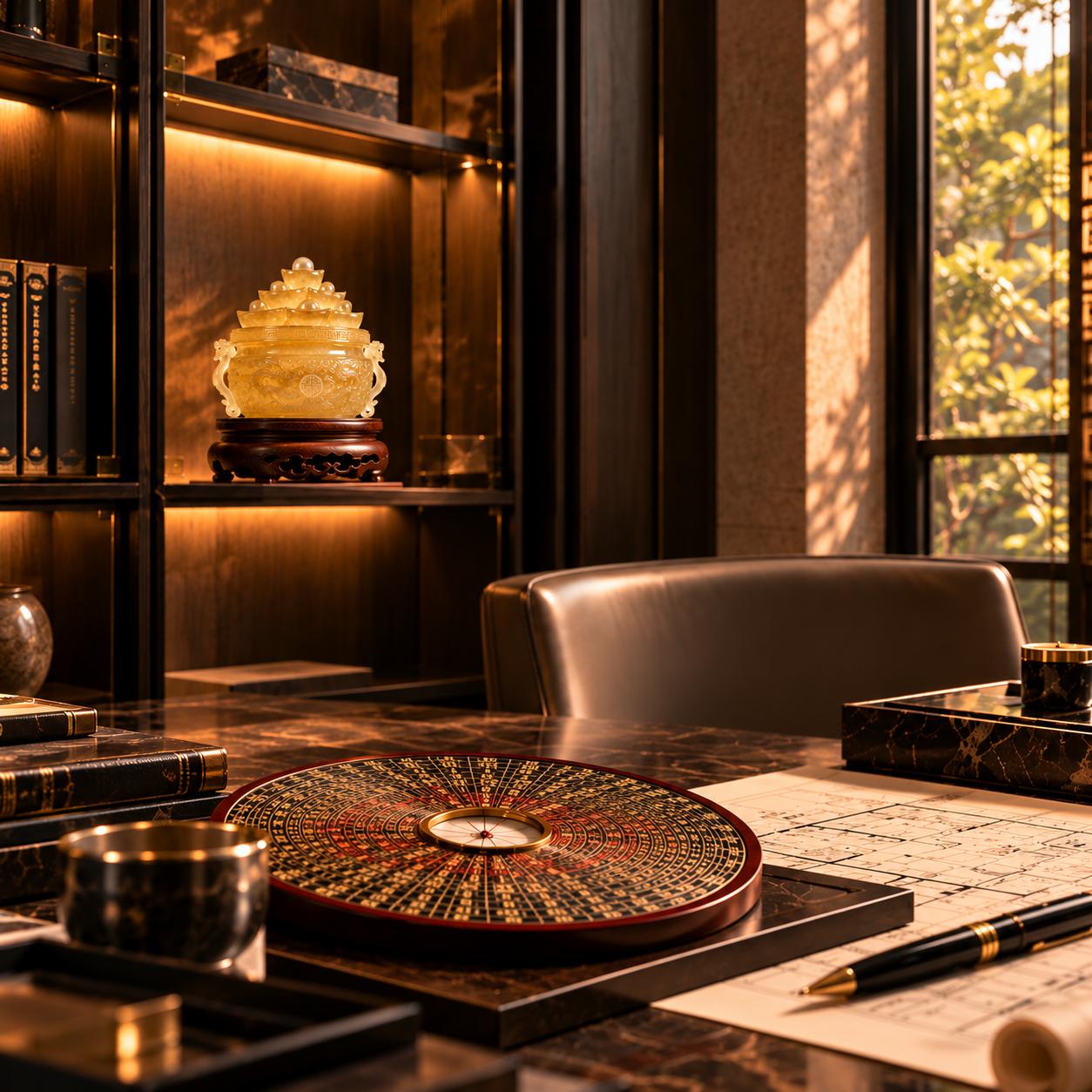 Luopan compass and feng shui tools on a desk